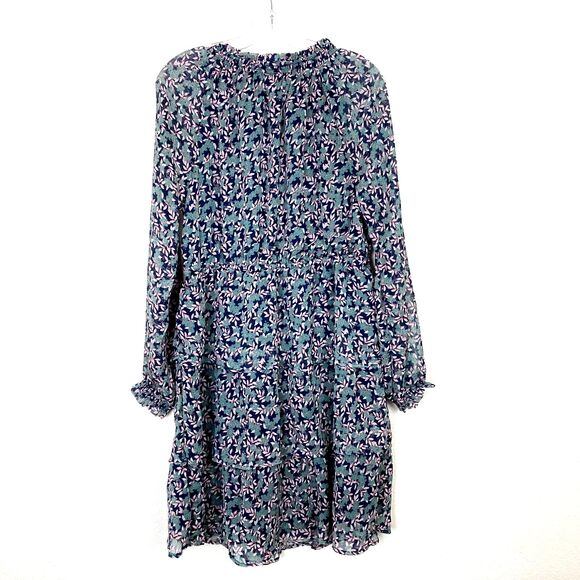 Dip Tiered Midi Dress Size M Green & Blue Floral Tasseled Long Sheer Sleeves - Picture 8 of 9